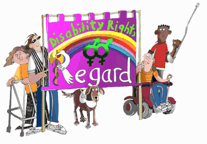 Colour drawing of a group of disabled LGBT people holding a Regard Disability Rights banner